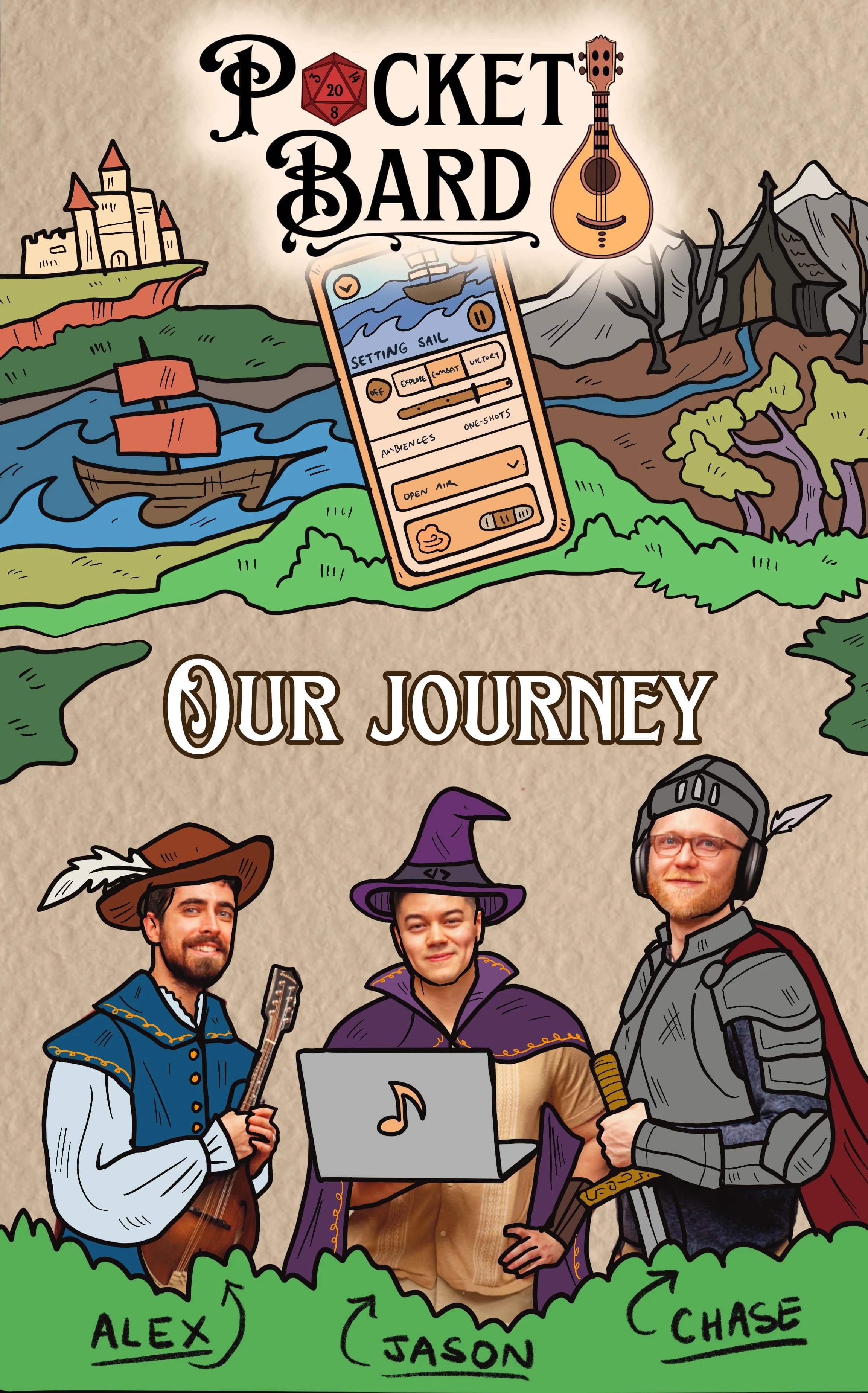 Pocket Bard “Our Journey” illustration — founders Alex, Jason, and Chase drawn as fantasy characters