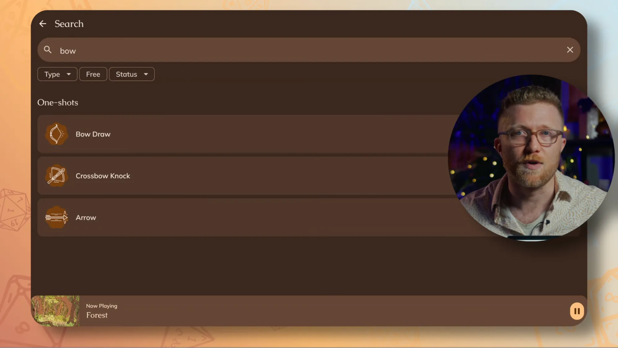 The desktop app’s search open with a “bow” query surfacing Bow Draw, Crossbow Knock, and Arrow one-shots