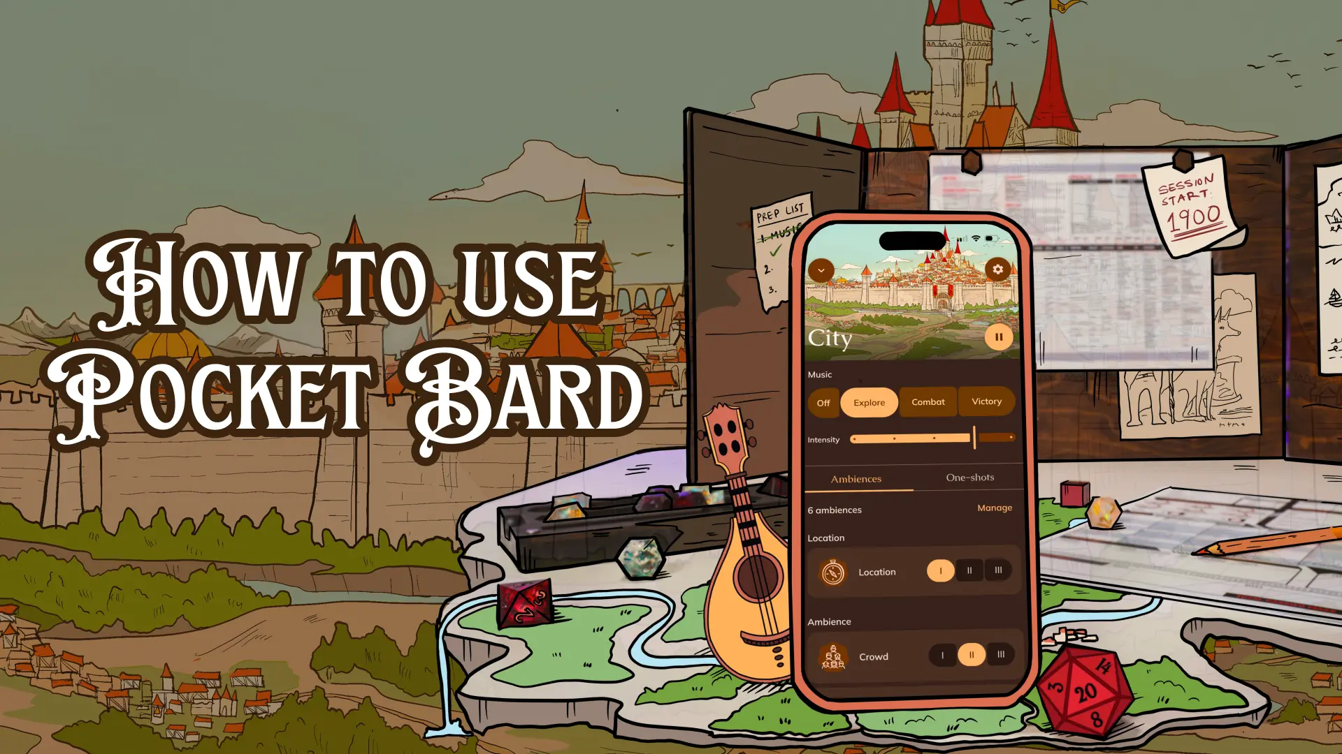 How to Use Pocket Bard — title illustration with the app on a phone, a mandolin, and dice on a fantasy map