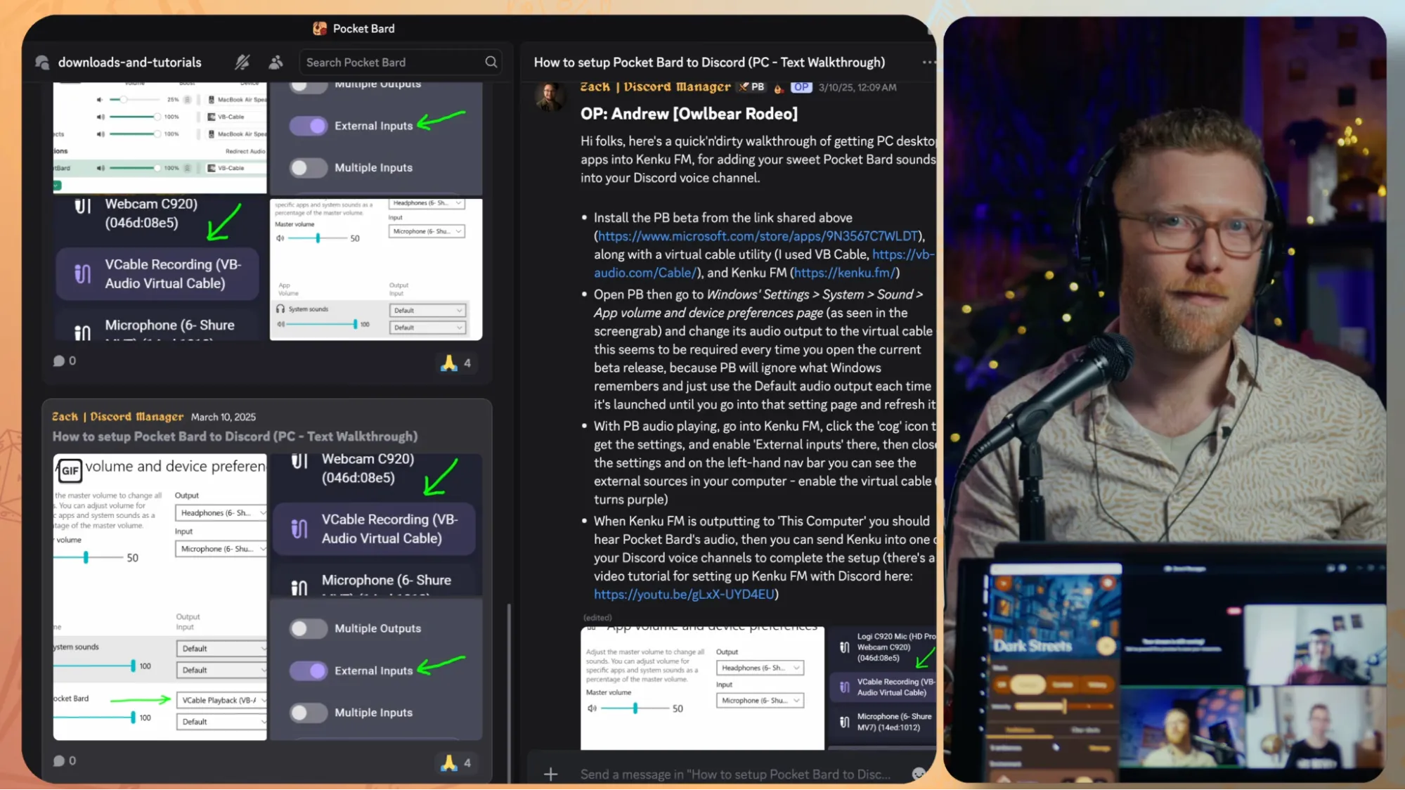 Discord screenshots of the Pocket Bard audio-routing tutorial, with a host presenting on camera