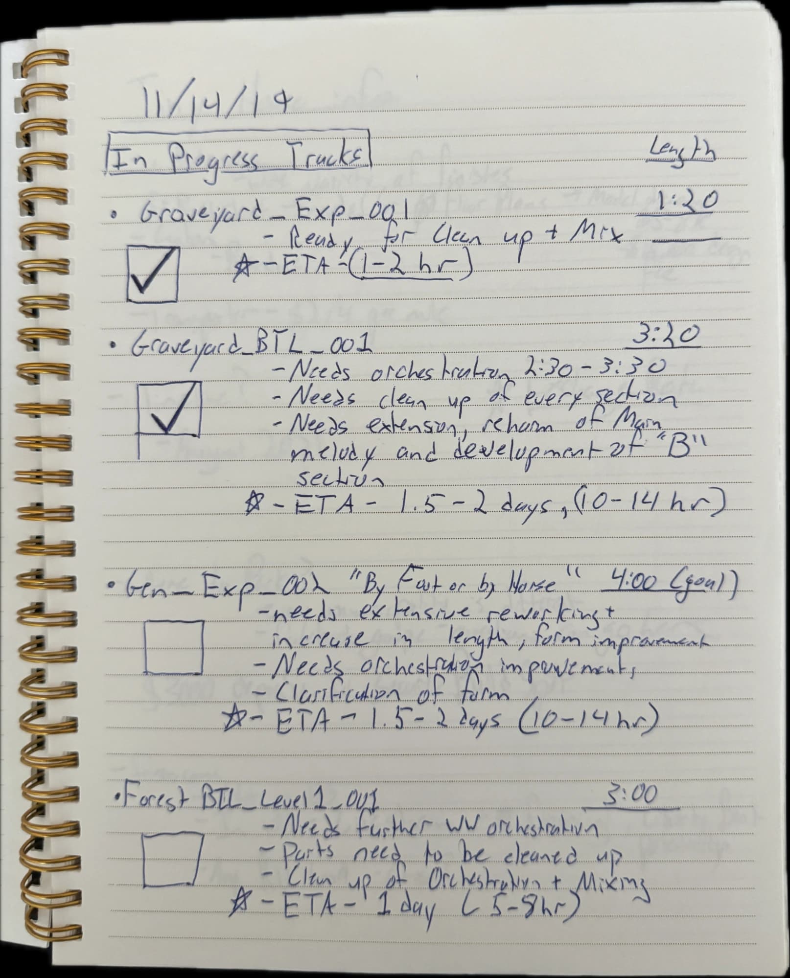 A handwritten notebook page of early Pocket Bard music track notes, dated November 2019