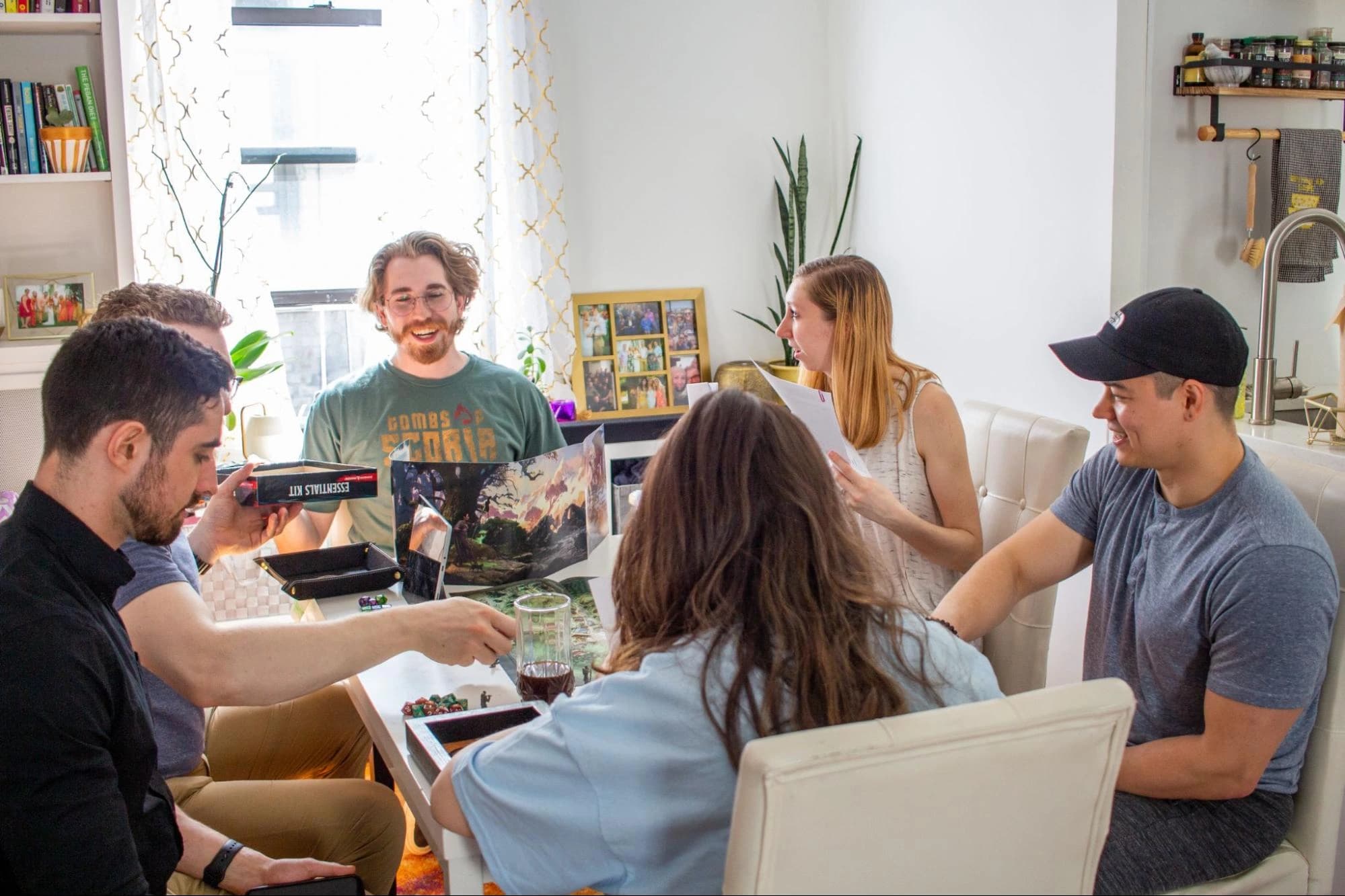 An early Pocket Bard playtest with friends around a table