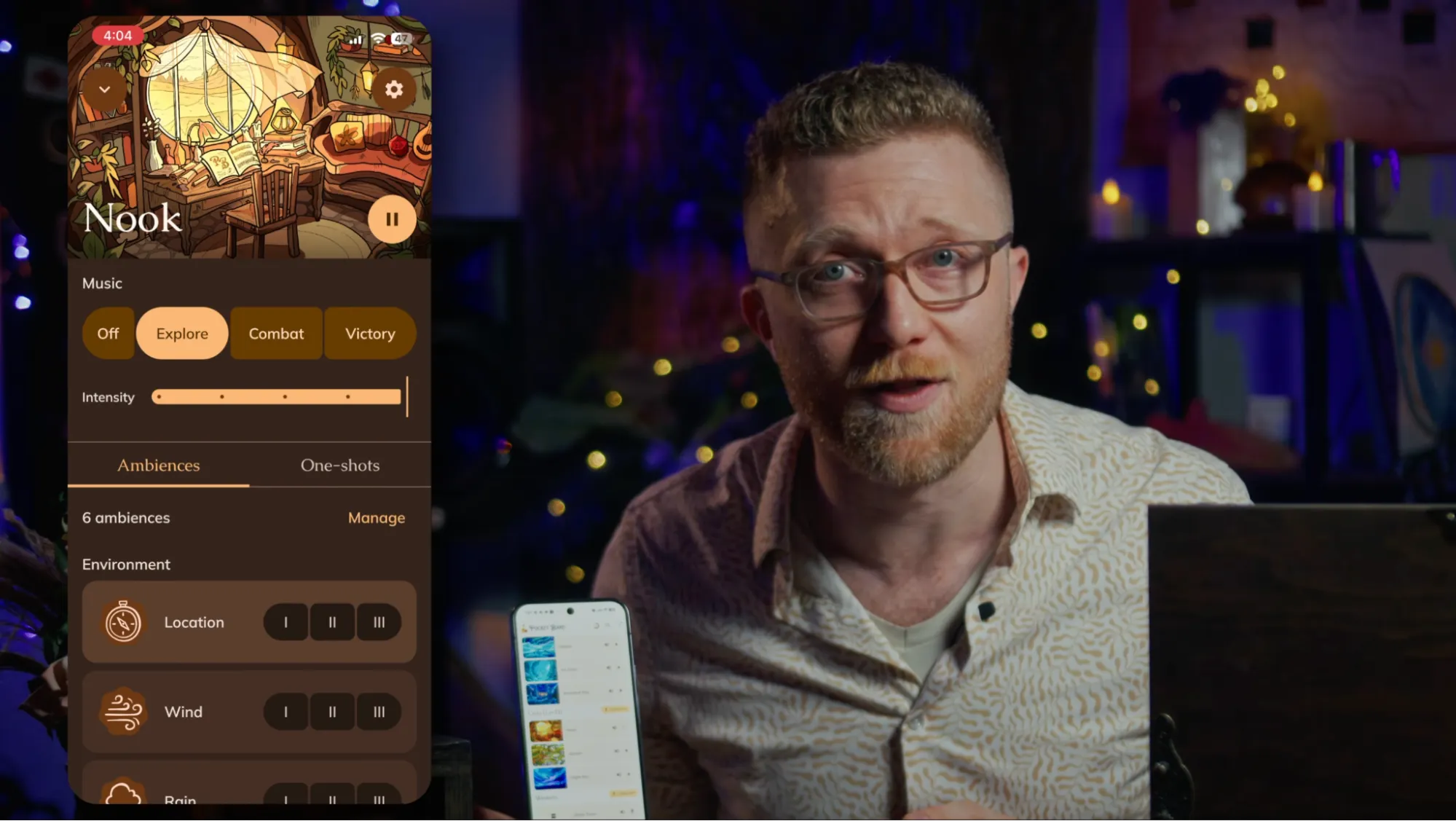 Chase on camera explaining the Cozy (Lo-Fi) Collection, with the app’s Nook scene shown alongside