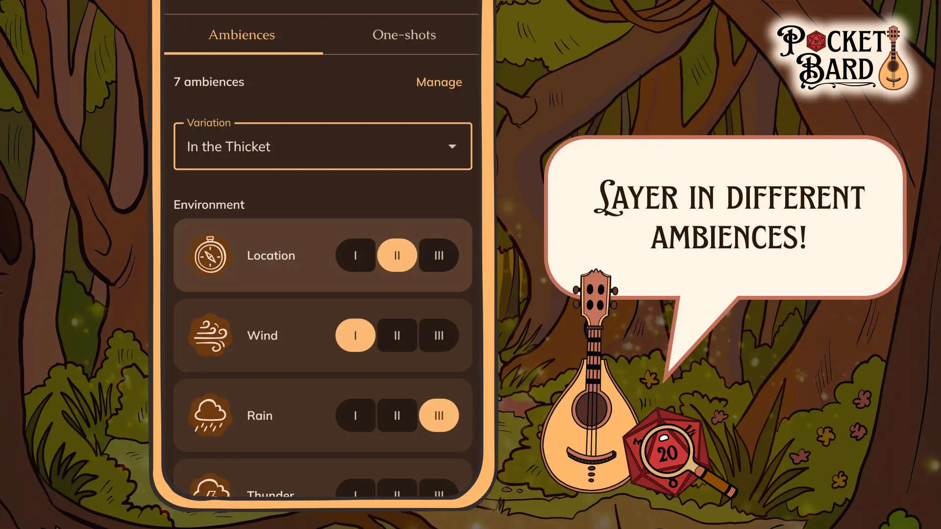 The Pocket Bard app’s Ambiences tab, layering Location, Wind, and Rain at different intensities