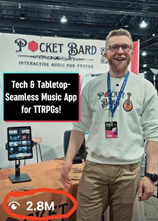 A screenshot of Pocket Bard’s viral demo video at a convention booth, with 2.8M views