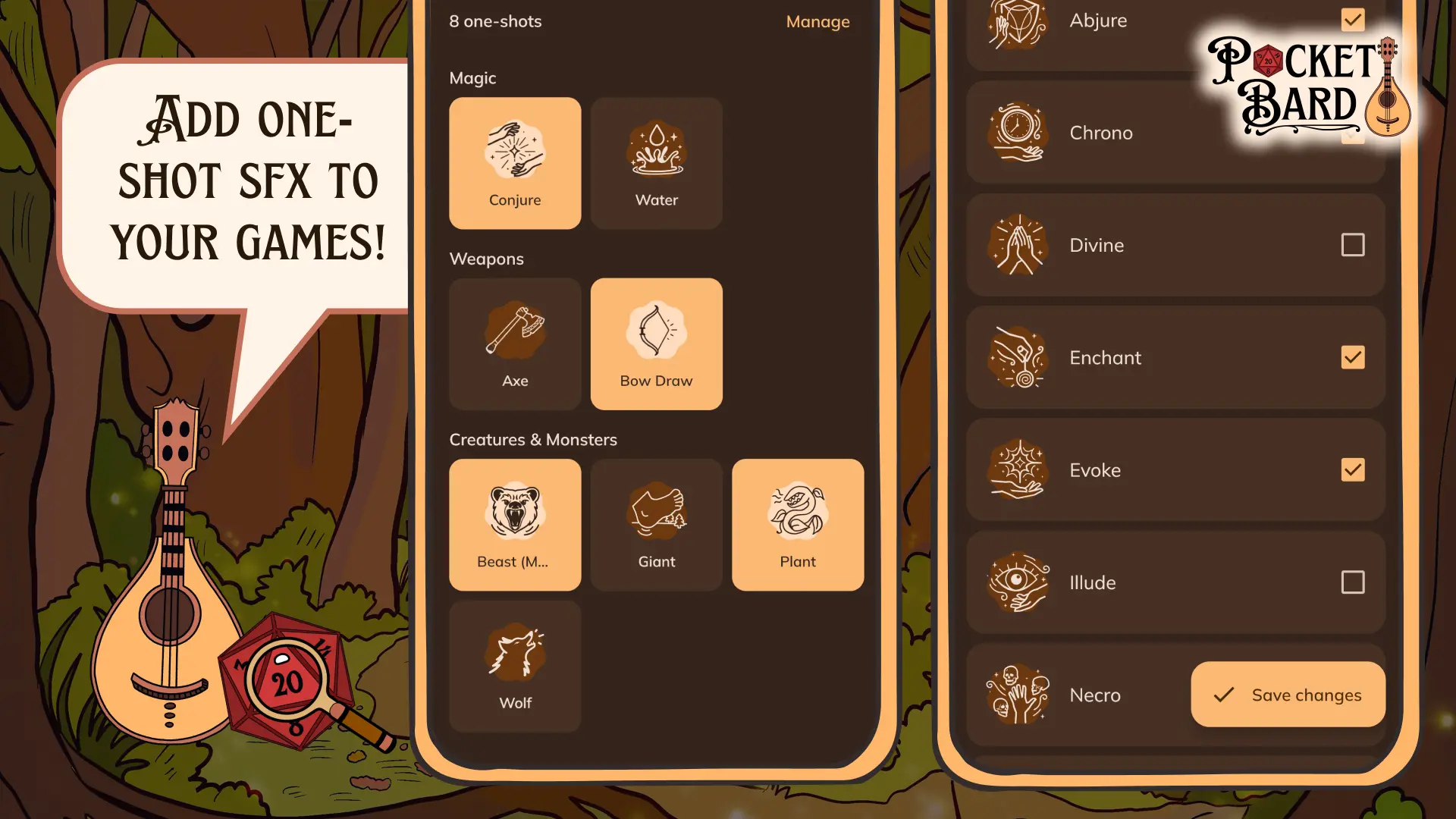 The Pocket Bard app’s One-shots tab with magic, weapon, and creature sound effects