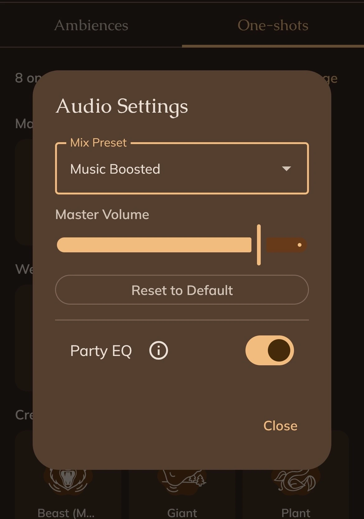 Pocket Bard’s Audio Settings dialog showing the Party EQ toggle
