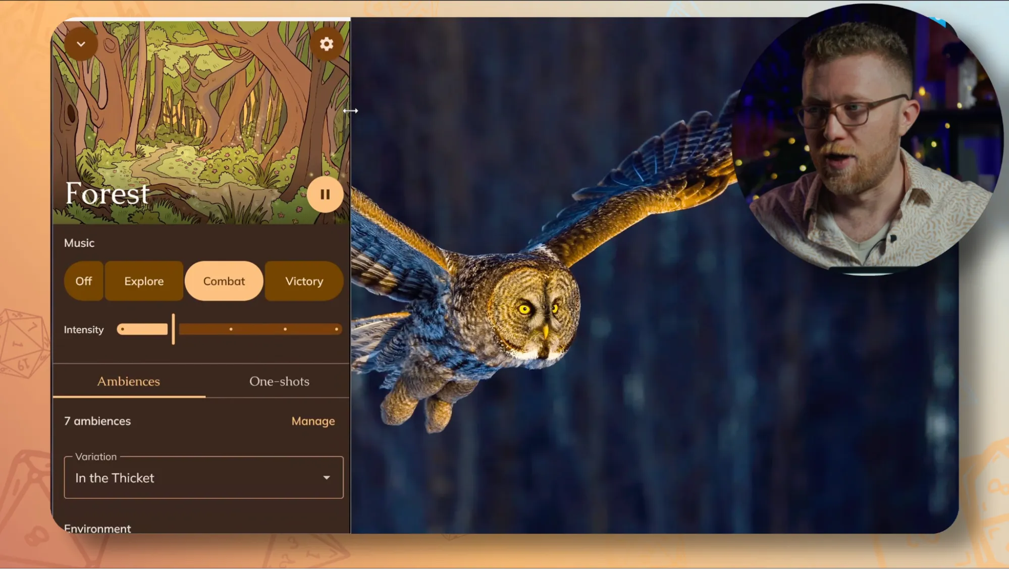 The Pocket Bard window resized on the desktop, showing the Forest scene beside artwork of an owl in flight