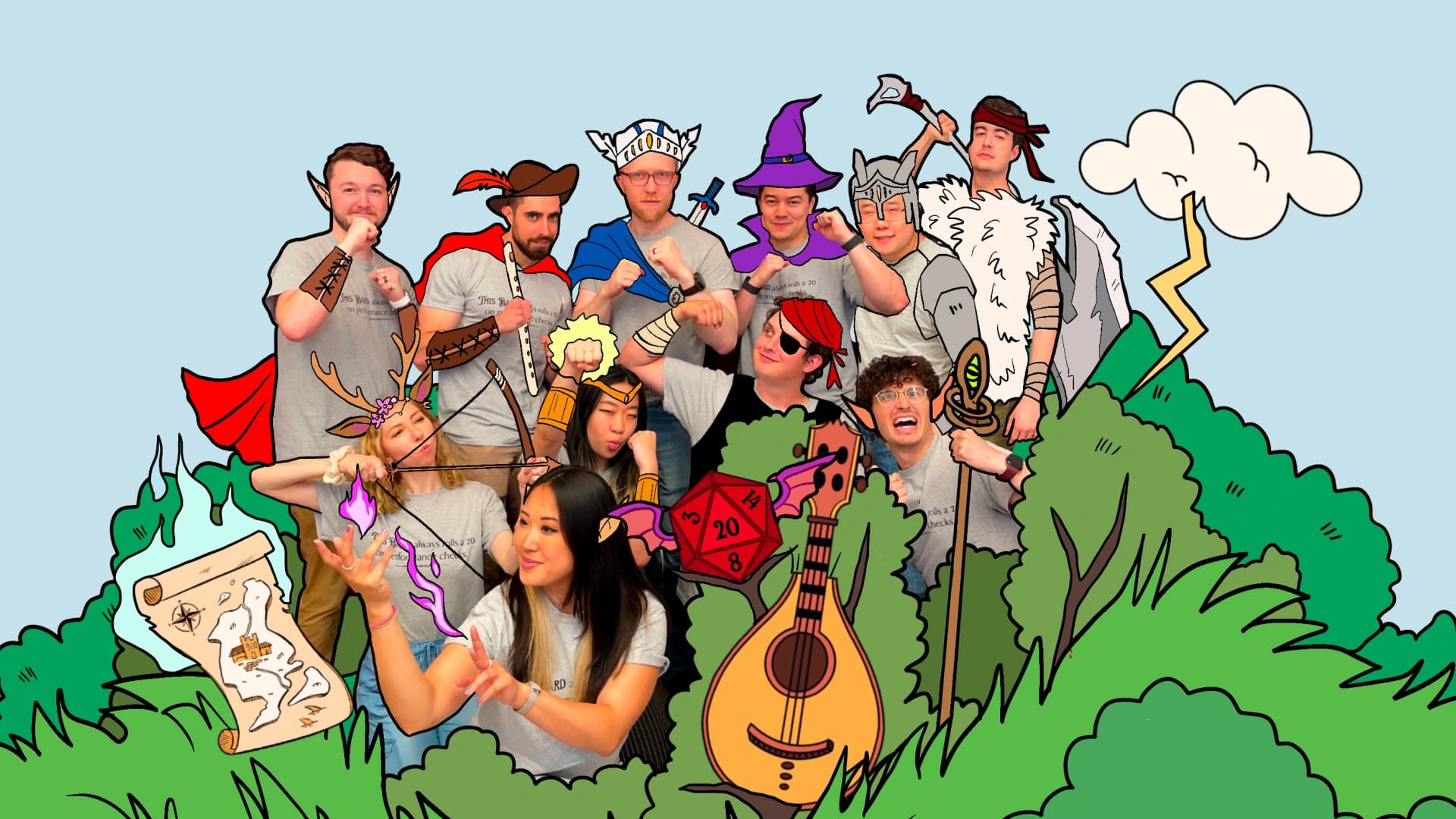 An illustration of the full Pocket Bard team as fantasy characters