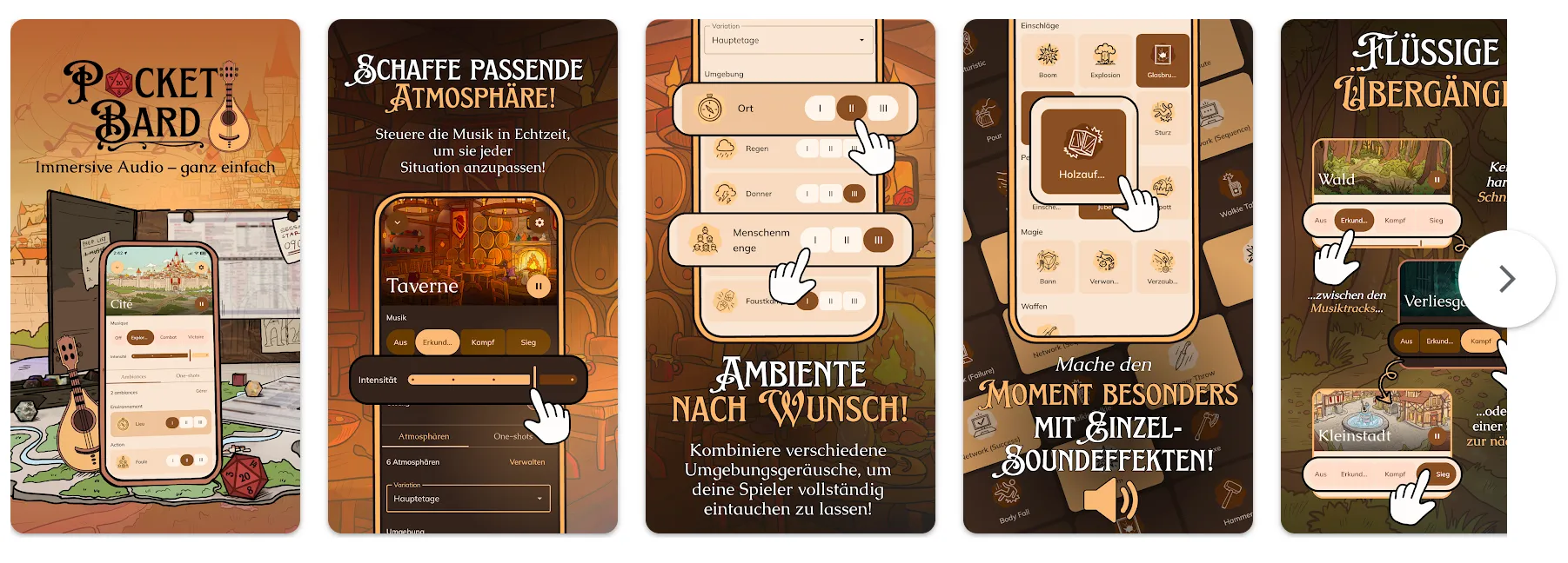 Five German-language App Store screenshots of Pocket Bard shown in a carousel