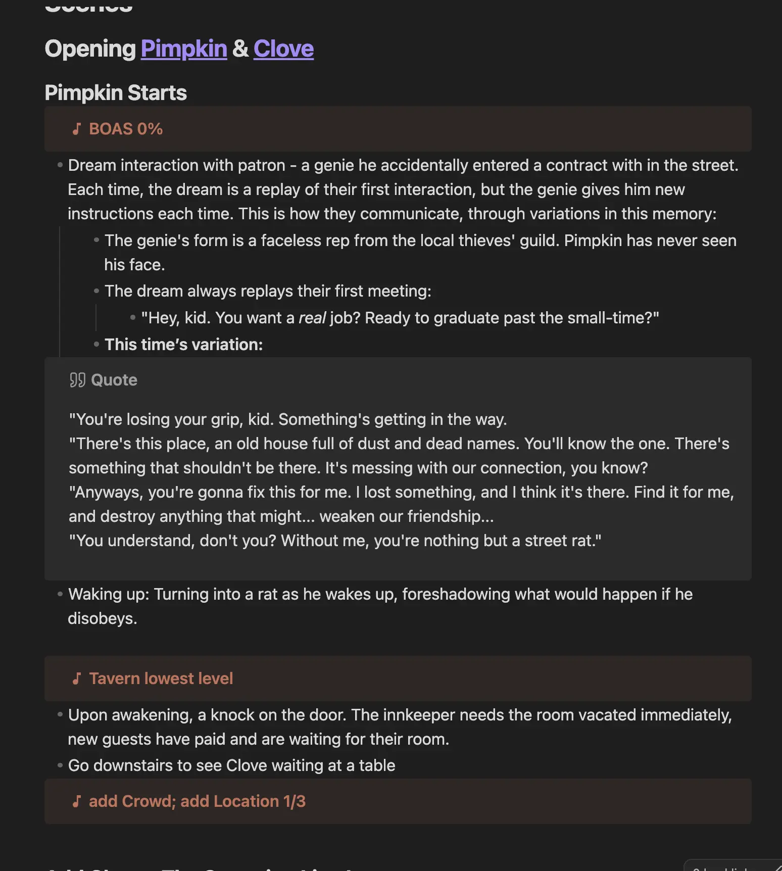 A screenshot of GM session notes in Obsidian with a custom Pocket Bard scene callout