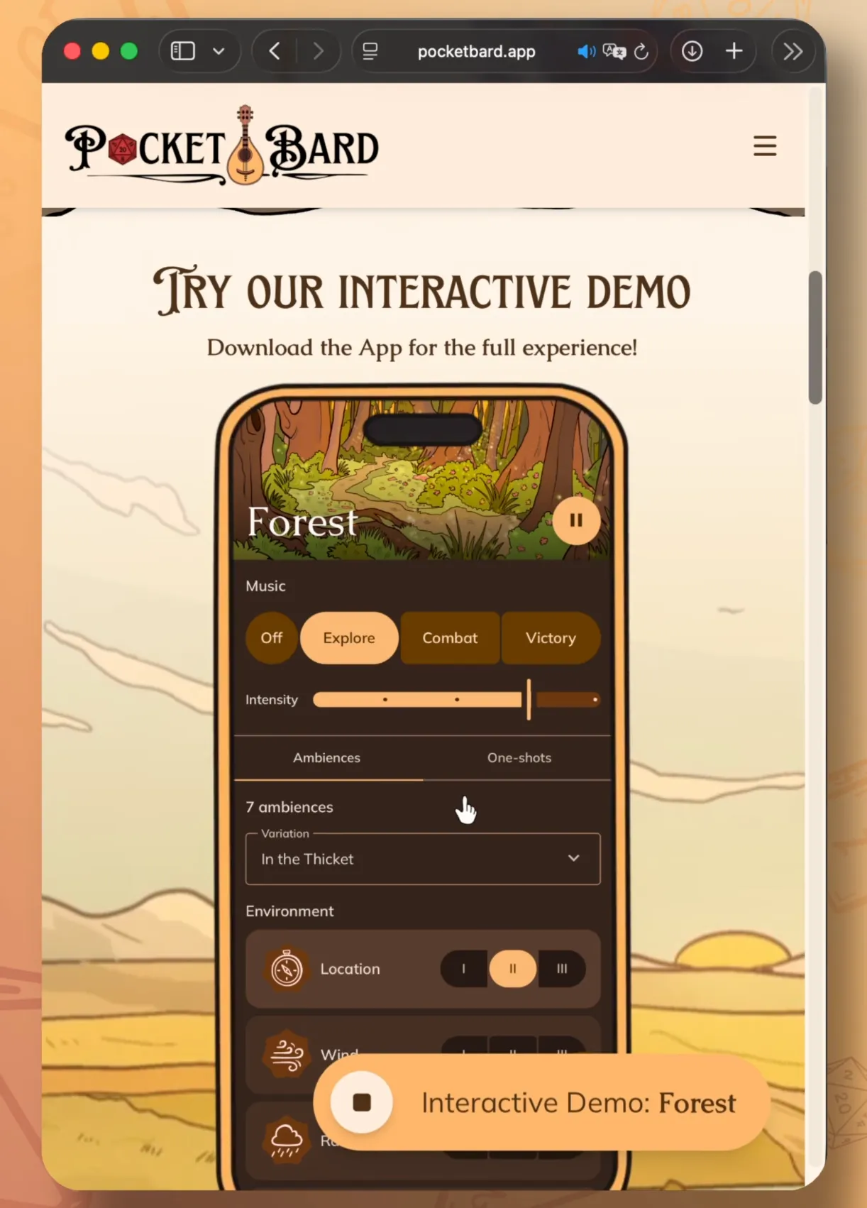 The pocketbard.app home page showing the interactive demo open to the Forest scene