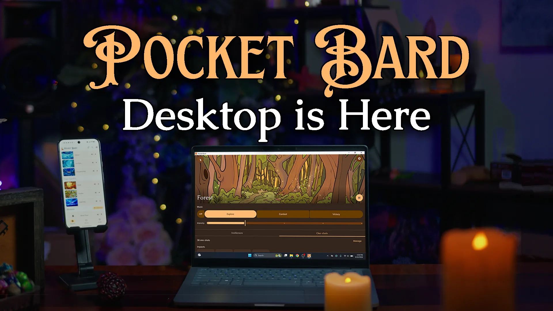 Pocket Bard “Desktop is Here” title card — the app’s Forest scene open on a laptop beside a phone
