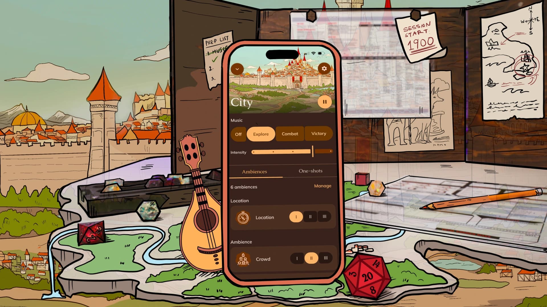 The Pocket Bard app open to a City scene, on a phone against a fantasy cityscape