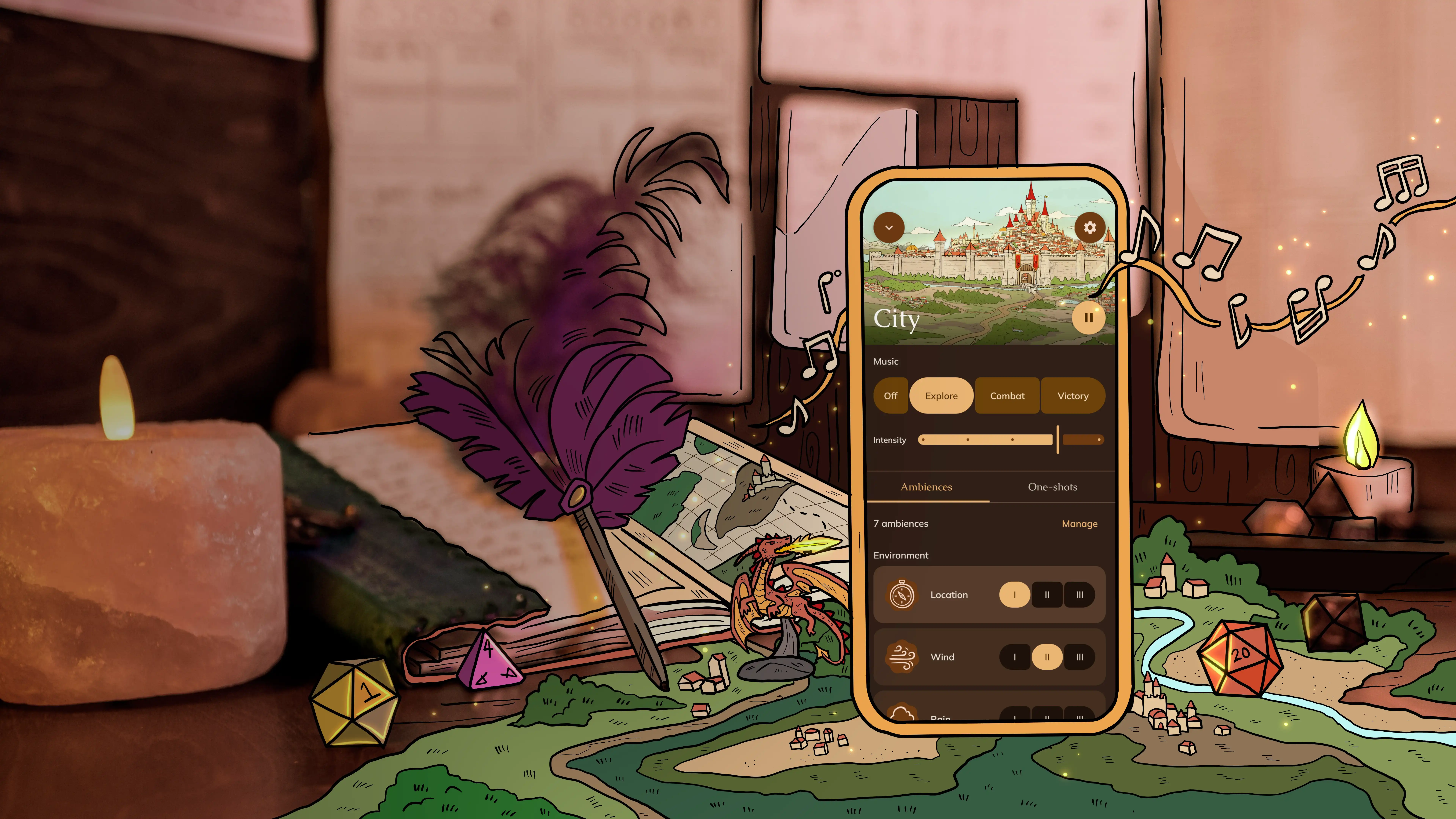 Tabletop RPG scene with dice, candles, and a phone displaying the Pocket Bard app