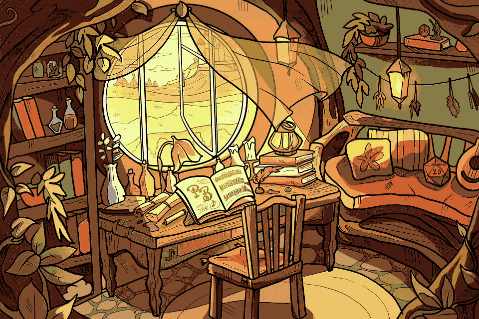 Animated illustration of a glowing open tome in a cozy tavern